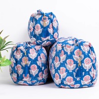Sac de rangement pour maquillage vintage en coton bleu à motifs, grande capacité, fermeture éclair, durable, écologique, résistant à l'eau