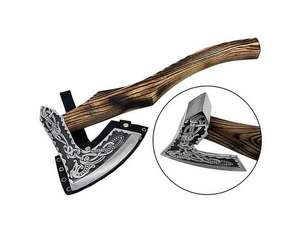 Hache viking artisanale en acier à haute teneur en carbone, gaine en cuir de qualité industrielle, manche en bois naturel, lame de coupe de 3 5/8 pouces, garantie 1 an - Product Image 1