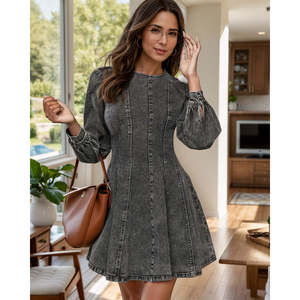 Vestido de manga larga con cuello, cremallera trasera, estampado floral, largo hasta la rodilla, estilo imperio, transpirable, formal, para fiesta, club de día, primavera, floral - Product Image 1