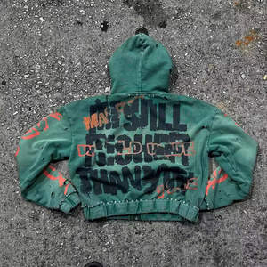 เสื้อฮู้ดครอปซิปผู้ชายสั่งทำพิเศษ ล้างสีแบบวินเทจ ผ้าฝ้ายเฟรนช์เทอร์รี่ พิมพ์ลายด้วยเทคนิค DTG ประดับคริสตัล ตกแต่งแบบดิสเทรส - Product Image 6