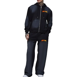 Conjunto de 2 piezas de chándal para hombre: Sudadera con capucha y joggers de algodón grueso con corte apilado, efecto descolorido por el sol y lavado ácido, Precio al por mayor - Product Image 1