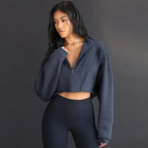 Sudadera con capucha de peso pesado para mujer con logotipo personalizado, sudadera de algodón de 2025G, Top corto de invierno, tela tejida con media cremallera, novedad de 360 - Product Image 2