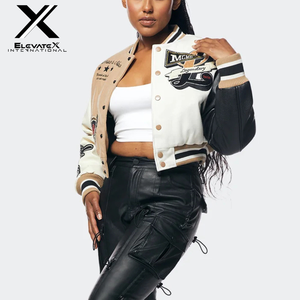Women's Regular Solid Reversible Spring Varsity Jacket Black Leather Sleeves Fashionable Windproof Applique Patches Embroidered - Product Image 4