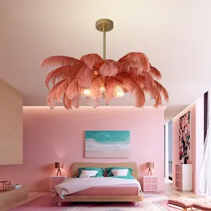 Modern çağdaş tarzı avize devekuşu tüyü LED kolye ışık için iç mekan ev dekorasyonu oturma odası için