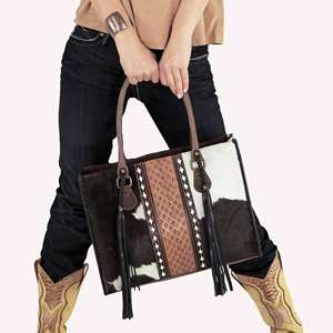 Bolso de mano bohemio de piel de vaca, estampado a mano, acentos de borlas, colección elegante de elegancia occidental, bolsos de compras para uso de mujer - Product Image 3