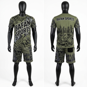 ชุดเสื้อยืดและกางเกงขาสั้นผู้ชาย ผ้าฝ้ายหนา 230 GSM สีน้ำเงินวินเทจ พิมพ์ลายกราฟิก ออกแบบโลโก้สกรีนเอง ชุด 2 ชิ้นสำหรับผู้ชาย - Product Image 5