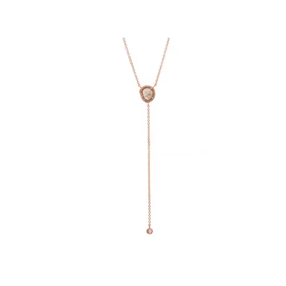 Venta al por mayor Sólido 14K Oro Rosa Genuino Slice Diamond Lariat Drop Down Colgante Collar