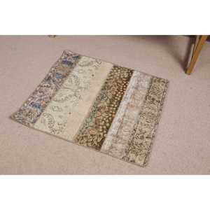 2.6x2.9 ft Small Vintage Turkish Rug <b>Brown</b> Abstract <b>Wool</b> Eco-Friendly Patchwork Latex Backed Rug - Product Image 2