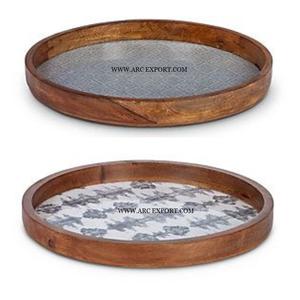 Venta al por mayor bandeja para servir diseño único hecho a mano forma redonda de madera y esmalte trabajo cocina Decoración Comida servir bandeja de la India - Product Image 1