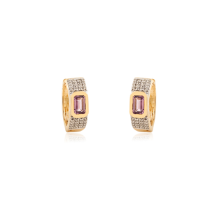 Nuevos Pendientes de Aro con Zafiro Rosa y Diamantes Engastados en Bisel, Hechos a Mano en Oro Amarillo Puro de 14K, Joyería Fina con Piedra de Nacimiento, Proveedor - Product Image 1