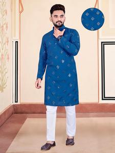 Ropa de fiesta informal festiva para hombre, suave pijama de algodón, Kurta, con espejo, para compras en línea, atuendo indio, novedad de 2022 - Product Image 6