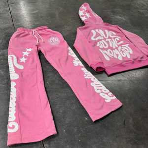 Conjuntos de chándal unisex con logotipo personalizado OEM, pantalones de chándal para correr apilados, conjuntos de sudadera y pantalones de chándal acampanados con estampado de espuma 3D - Product Image 5