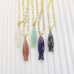 Pink Strawberry Quartz Fish Carving <b>Necklace</b> 25x8mm Carved Gold Plated Pendant Strawberry Quartz Jewelry Wholesale Animal Charms - Product Image 3