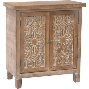 Meuble d'appoint vintage en bois de sapin massif de style ferme avec portes florales sculptées et finition dégradée pour chambre et salon - Product Image 1