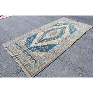 Alfombra Vintage de 5.4x11 pies, Alfombra Turca Grande, Alfombra de Lana a Cuadros Azul y Blanco - Product Image 1