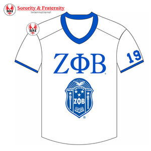 Camiseta de béisbol azul Zeta con botón de ajuste blanco en la parte delantera Camisa de hermandad unisex de poliéster ligero para eventos de la vida griega - Product Image 1