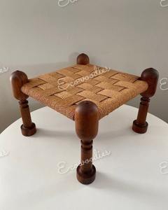 Tabouret ottoman en bois rustique antique tabouret bas en corde tissée vintage avec console incrustée d'os pour décor d'appartement - Product Image 6