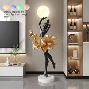 Lampe sur pied sculpture ballerine en résine noire et or, lumière lunaire LED à changement de couleur, statue d'art moderne, décoration intérieure pour salon - Product Image 1