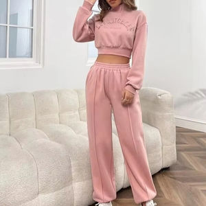 Conjunto Deportivo Informal de Invierno para Mujer con Logotipo Personalizado OEM, 100% Algodón, Felpa Transpirable, Sudadera Corta con Capucha y Pantalones Deportivos, Conjunto de Dos Piezas - Product Image 1