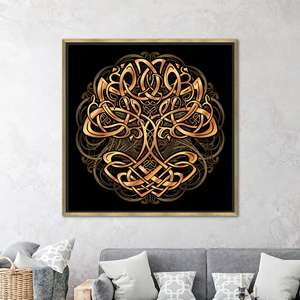 Toile imprimée élégante Arbre de Vie doré : Décoration circulaire moderne, Toile encadrée dorée - Product Image 1