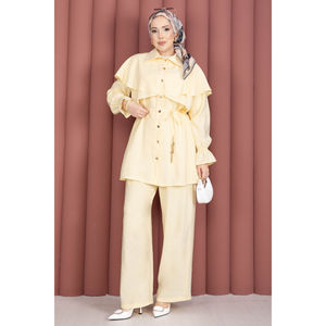 Conjunto de Túnica y Pantalones Amarillos con Botones, Diseño Capa, Ajuste Holgado Casual, Tejido de Algodón y Spandex, Perfecto para Verano y Otoño, con Abertura Superior - Product Image 3