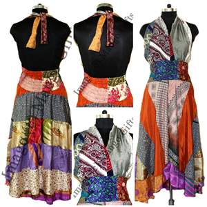 Robe longue maxi vintage en soie pour femme, style sari, col halter, taille élastique, respirante, style bohème pour la journée, tenue de plage hippie - Product Image 2