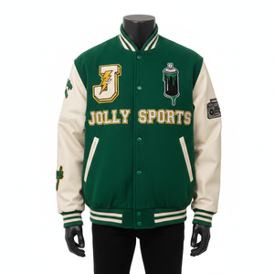 Veste universitaire pour homme, tissu premium, corps en laine, manches en cuir, panneaux verts et blancs, appliqué, broderie, logo, vestes universitaires pour homme - Product Image 1