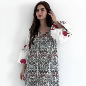 2025 Wholesale High Quality V Neck Ruffled Sleeve Printed Floral Maxi Long <b>Dresses</b> <b>Women</b> Lady Elegant Casual Summer <b>Dresses</b> - Product Image 1