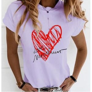 Camiseta Informal con Estampado de Corazón, 100% Algodón, Tejido de Punto con Impresión Digital, Color Lila para Mujer - Product Image 1