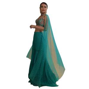 Top corto verde azulado Sharara Set con Net Dupatta para fiesta de recepción de boda Indo Western Festive Indian Ocasion Wear - Product Image 4