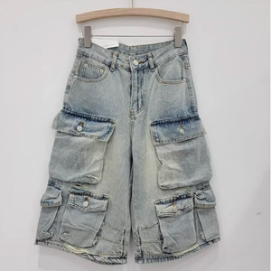 กางเกงยีนส์ขาสั้นผ้าฝ้ายสำหรับผู้ชายกางเกงขาบานแบบย้อนยุคขากว้างสีชมพูคุณภาพสูง2025 - Product Image 6