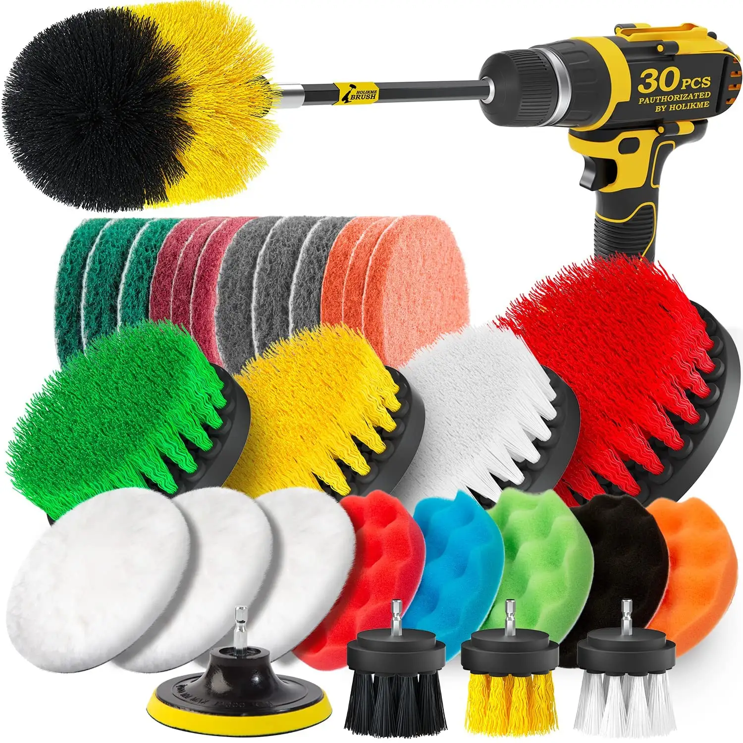 30 Piece Brush Attachments Set for Drill, Scrub Pads & Sponge, Power Scrubber Brush with Extend Long Attachment