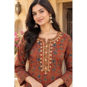 Chemisier décontracté pour femme en coton tissé imprimé floral marron, broderie délavée, manches raglan, col rond, idéal pour l'été et le quotidien - Product Image 2