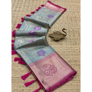 Excellente qualité nouveau concepteur vêtements modernes pour les femmes Kanjivaram soie Saree & Blouse avec tissage travail fabricant de Surat - Product Image 1