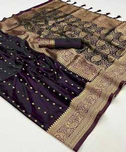 Saree en soie Banarasi noir avec broderie indienne pour femme - Product Image 5