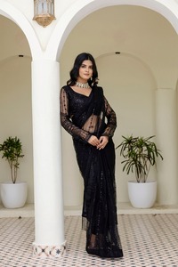 Nuevo Sari de Seda Pesada con Diseño de Mariposa, Listo para Usar, con Trabajo de Lentejuelas y Bordado con Hilo, con Pallu Blanco - Product Image 4