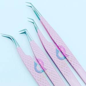 Best Selling 90/45 Degree Diamond Grip Lash Tweezers Sustainable Stainless Steel Curved Tip Isolation Eyelash Tweezers Pink - Product Image 1