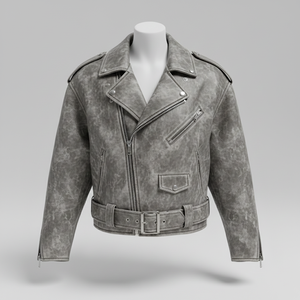Chaqueta de Cuero Deslavada al Ácido Gris Desteñido para Hombre al por Mayor, Estilo Vintage de los 80, Chaqueta de Motociclista Extra Grande - Product Image 1