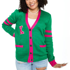 Cárdigan de punto de algodón a rayas de alta calidad personalizado para mujer AKA Varsity cuello en V Botón de invierno letras griegas frente informal - Product Image 1