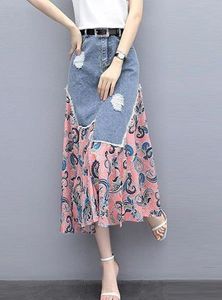 Falda Midi Vaquera de Cintura Alta para Mujer, Corte en A, Estampado Paisley Asimétrico, Ajuste Holgado, Algodón Lavado a la Piedra, Estilo Casual de Verano - Product Image 3
