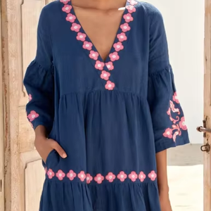 Mejor venta elegante Kaftan vestido mangas cortas con volantes Casual estilo bordado para vacaciones de moda elegante Natural - Product Image 1