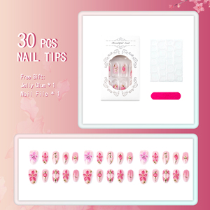 Juego <span class=keywords><strong>de</strong></span> 30 <span class=keywords><strong>Uñas</strong></span> Postizas en Forma <span class=keywords><strong>de</strong></span> Almendra, Color Rosa Dulce, Diseño Floral 3D con Acabado Degradado Dorado - Product Image 2