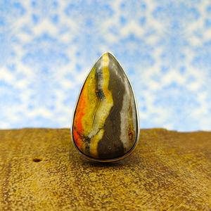 Bague de mariage bohème en argent sterling 925 artisanale en forme de goutte Bumble Bee Jasper Turquoise Diamond Boho Pearl Setting - Product Image 4