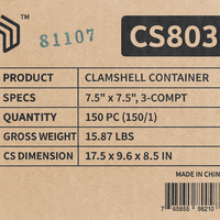 ProTakeOut PTOCS803 [7.5x7.5x2.5] Blanc 3 compartiments 150 unités Contenants à emporter à charnière avec fermeture coulissante centrale Durables Écologiques