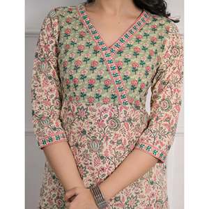 Green for Cream <b>Printed</b> Cotton <b>Block</b> Pant Set of 2 Salwar Kameez - Product Image 2