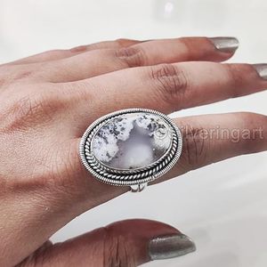 Anillo de Mujer con Ópalo Dendrítico Natural, Piedra de Nacimiento de Octubre, Anillo Grande Antiguo, Joyería Hecha a Mano, Anillo de Plata de Ley 925 - Product Image 2