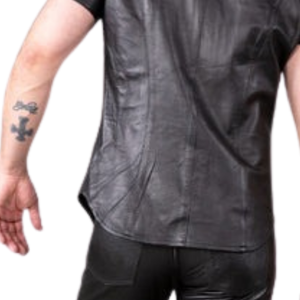 Chemise en cuir coupe classique noire pour homme, faux cuir, manches courtes, boutonnée, haut fétiche - Product Image 5