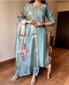 Polvo azul bordado Kurta traje Dupatta cuello redondo mangas cuarto largo indio étnico Anarkali traje boda Festival Boutique - Product Image 1