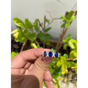 <b>925</b> <b>Silver</b> Blue Sapphire Band <b>Ring</b> Oval Cut Marquise Vintage Rhodium Vermeil Engagement IGI Certified Platinum Ongoing Setting - Product Image 3