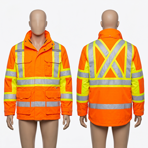 Veste de travail en twill de coton polyester premium 300 GSM, orange, avec panneau réfléchissant haute visibilité, broderie personnalisée, impression de logo - Product Image 4